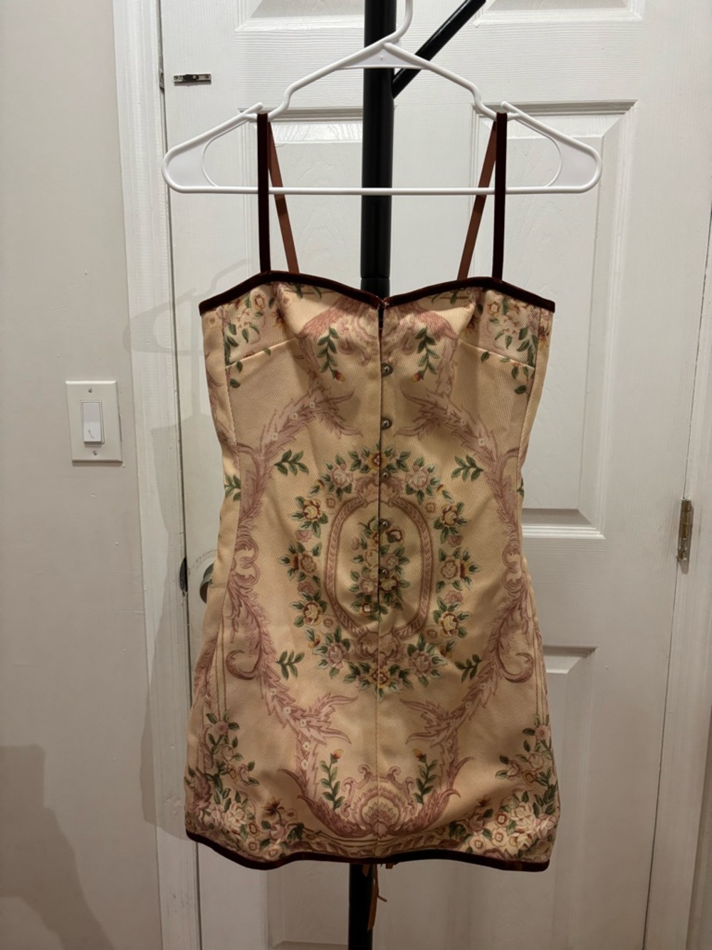 Floral Vintage Tapestry Mini Dress in Beige with Green/Burgundy Accents